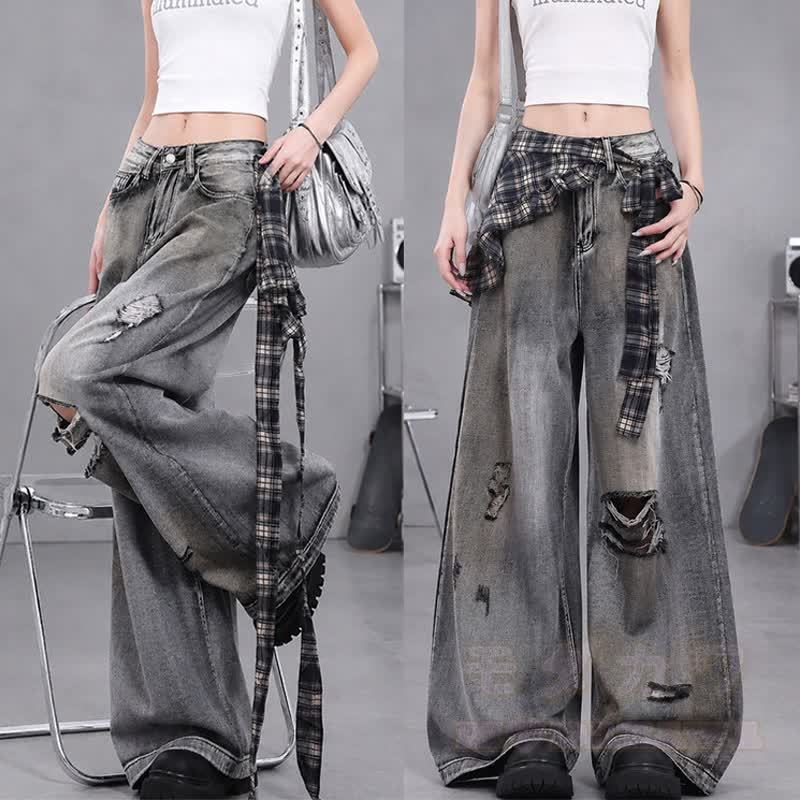 Y2K Gothic Butterfly Print Long Sleeve Top Ripped Distressed Jeans Two Pieces Set - image 6