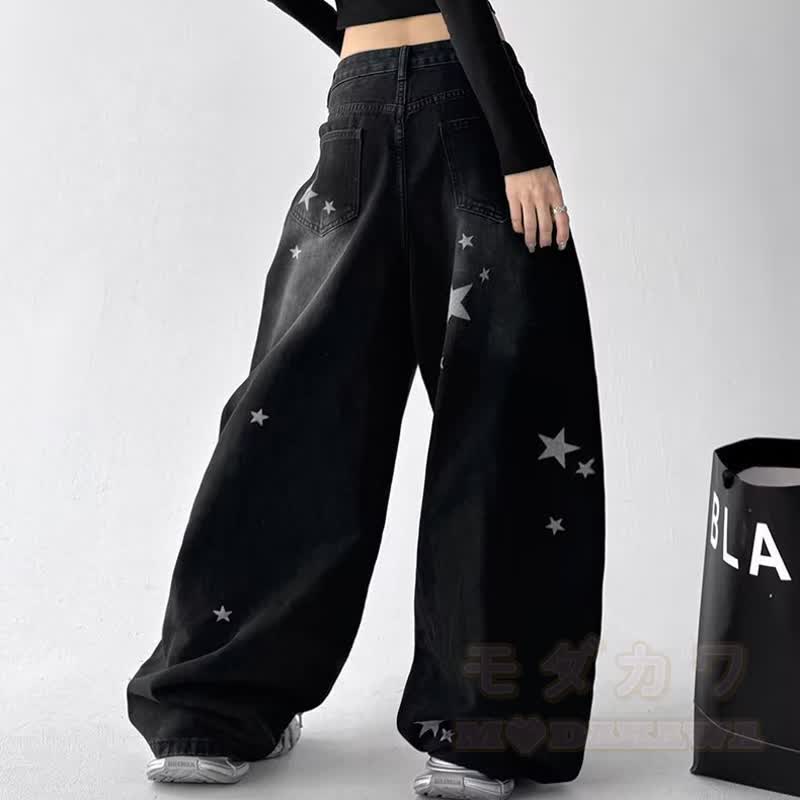 Vintage Cat Print Off‑Shoulder Sweatshirt Star Patch Jeans Two Pieces Set - image 7