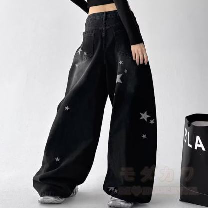 Vintage Cat Print Off‑Shoulder Sweatshirt Star Patch Jeans Two Pieces Set - image 7