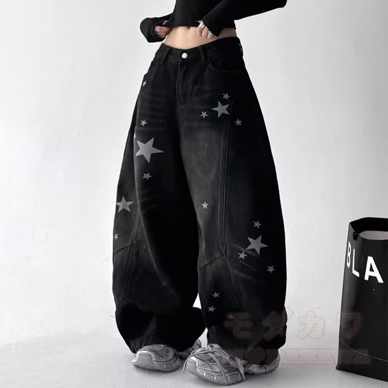 Vintage Cat Print Off‑Shoulder Sweatshirt Star Patch Jeans Two Pieces Set - image 3