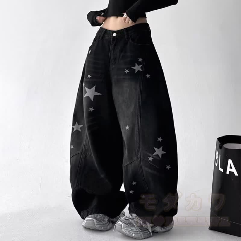 Vintage Cat Print Off‑Shoulder Sweatshirt Star Patch Jeans Two Pieces Set - image 3