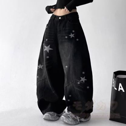 Vintage Cat Print Off‑Shoulder Sweatshirt Star Patch Jeans Two Pieces Set - image 3