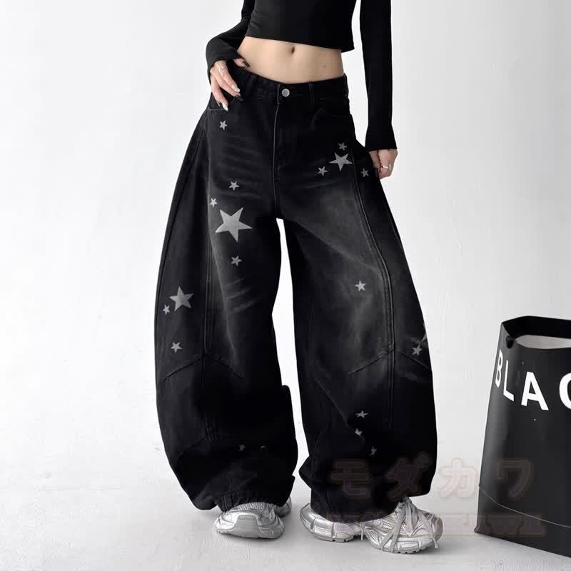 Vintage Cat Print Off‑Shoulder Sweatshirt Star Patch Jeans Two Pieces Set - image 6