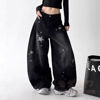 Vintage Cat Print Off‑Shoulder Sweatshirt Star Patch Jeans Two Pieces Set - image 6