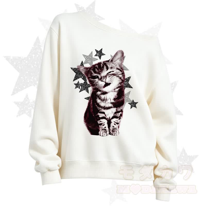 MODAKAWA Star Cat Print Slant Shoulder Sweatshirt - White - 3XL - image 4