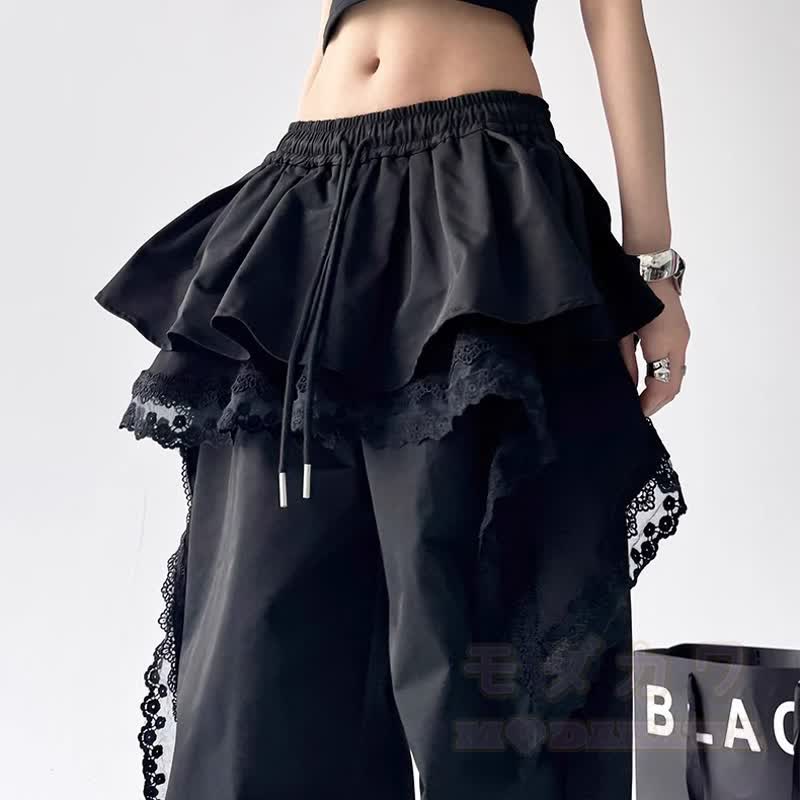 Y2K Punk Cropped Hoodie Lace Ruffle Layered Pants Two Pieces Set - image 4