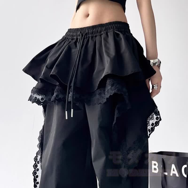 Y2K Punk Cropped Hoodie Lace Ruffle Layered Pants Two Pieces Set - image 4
