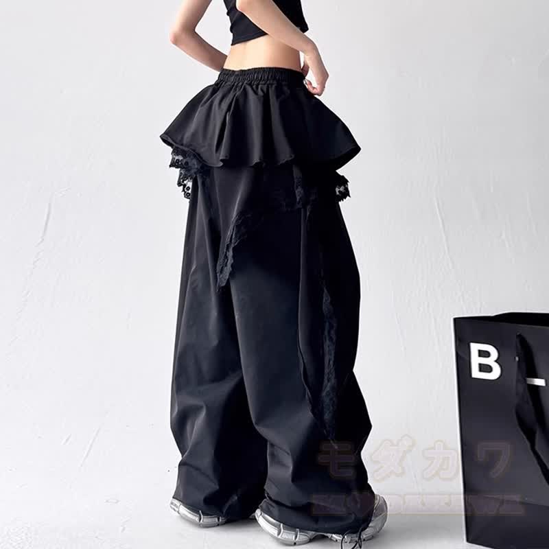 Y2K Punk Cropped Hoodie Lace Ruffle Layered Pants Two Pieces Set - image 3