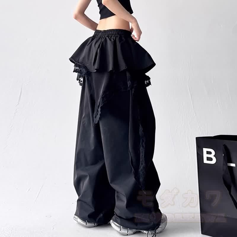 Y2K Punk Cropped Hoodie Lace Ruffle Layered Pants Two Pieces Set - image 3