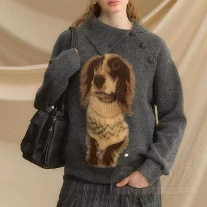 Vintage Dog Embroidery Knit Sweater Wide Leg Pants Two Pieces Set - Top - 3XL - image 2