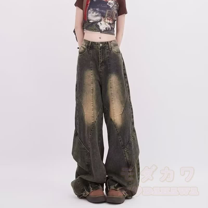 Vintage Stripe Shirt Washed Wide Leg Denim Pants Two Pieces Set - image 6
