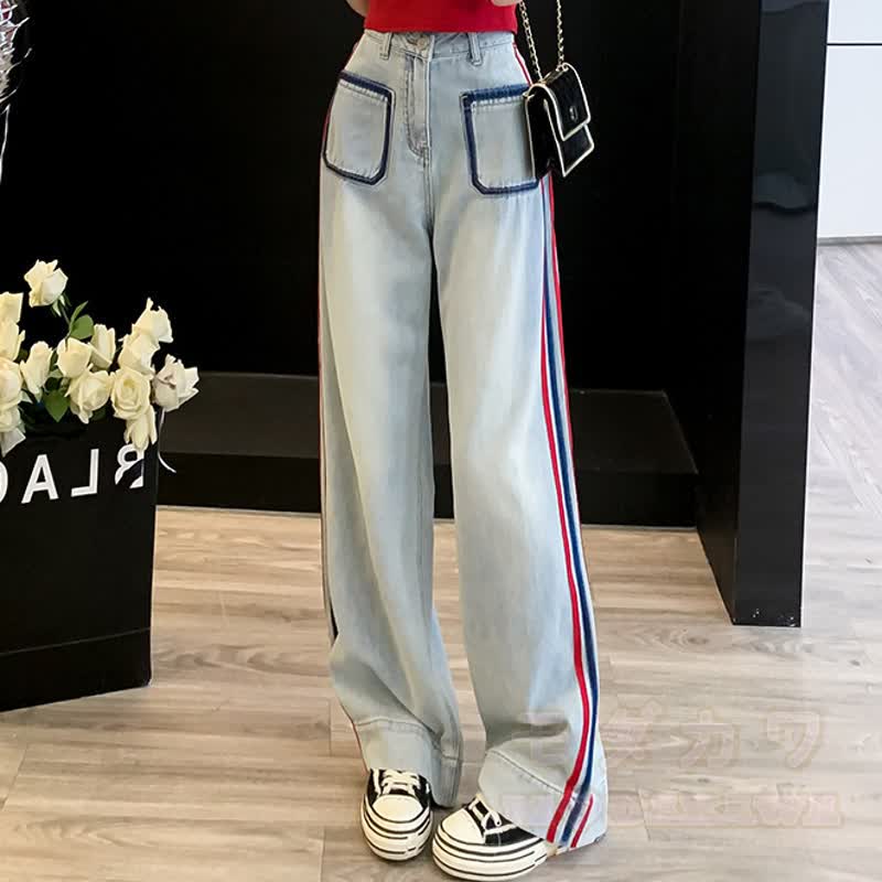 Casual Sailor Collar Knit Cardigan Striped Denim Pants Two Pieces Set - image 3