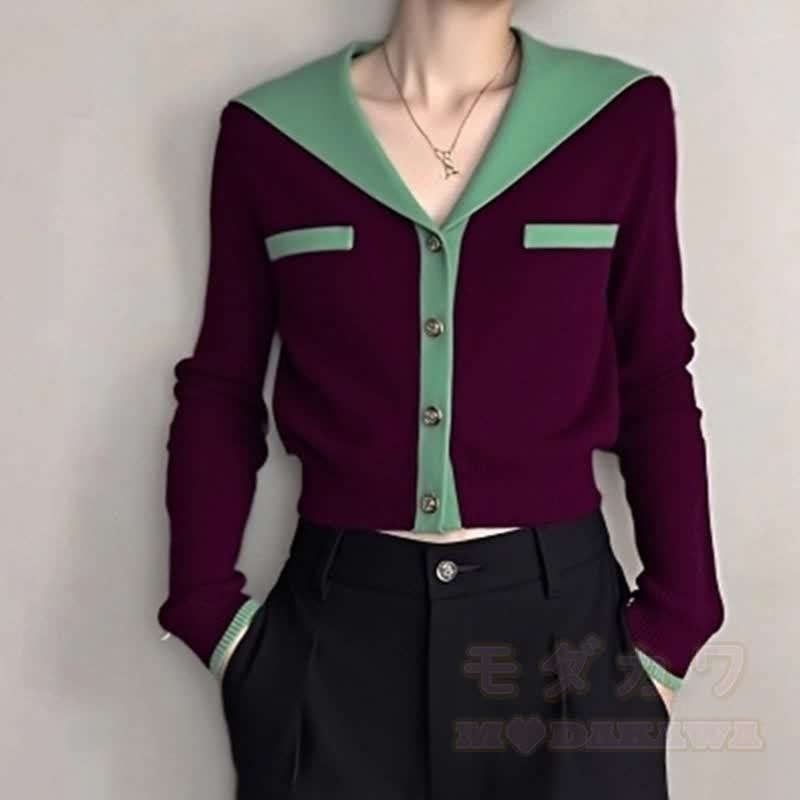 Casual Sailor Collar Knit Cardigan Striped Denim Pants Two Pieces Set - Top - 3XL - image 2