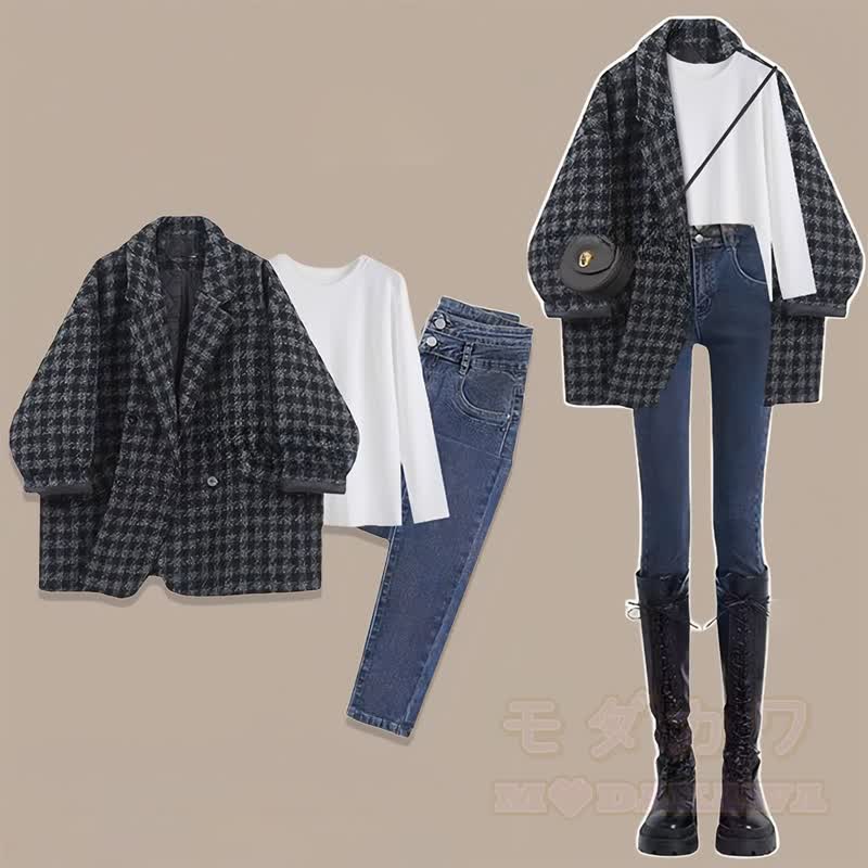 Plaid Blazer White Basic Tee Skinny Denim Jeans Three Pieces Set - Black Set - 2XL - image 2
