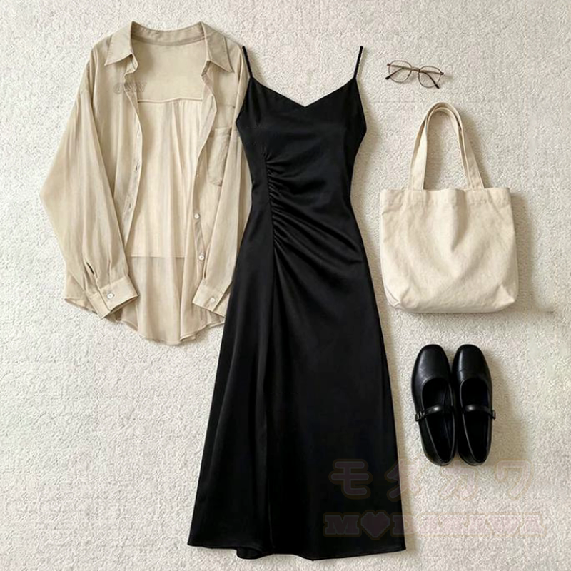 Elegent Long Sleeves Shirt Ruched Spaghetti Strap Dress Two Pieces Set  - image 2