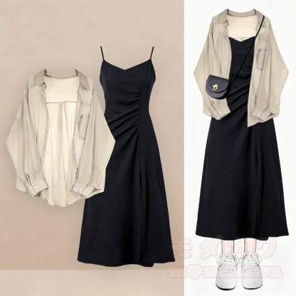 Elegent Long Sleeves Shirt Ruched Spaghetti Strap Dress Two Pieces Set  - Black Set - 3XL - image 4