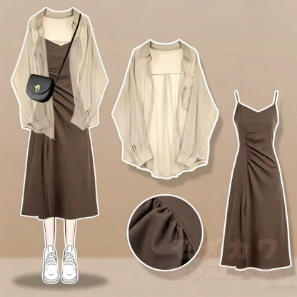 Elegent Long Sleeves Shirt Ruched Spaghetti Strap Dress Two Pieces Set  - Coffee Set - 3XL - image 3