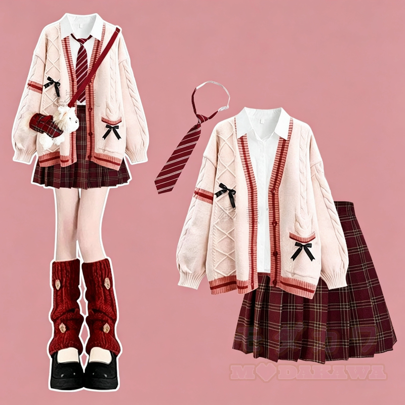 Bow Cable Knit Cardigan Shirt Plaid Pleated Skirt With Tie Four Pieces Set - Red Set - XL - image 1