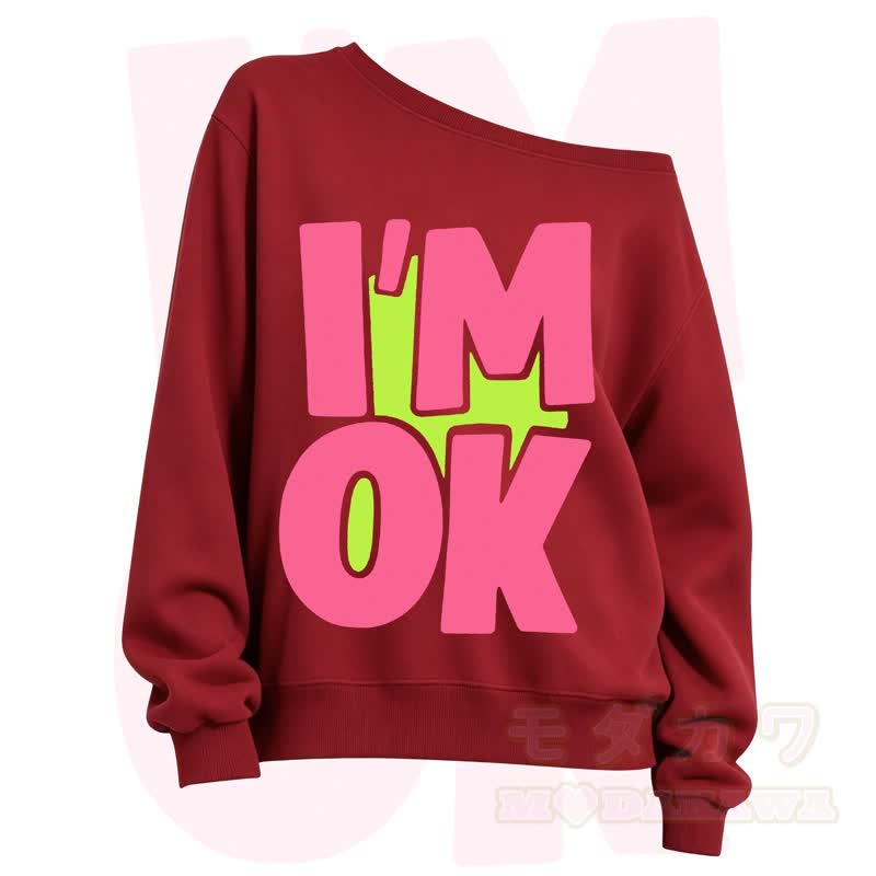 MODAKAWA I'M OK Slant Shoulder Sweatshirt - Red A - 3XL - image 9