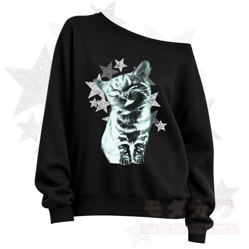 MODAKAWA Star Cat Print Slant Shoulder Sweatshirt - Black B - 3XL - image 3