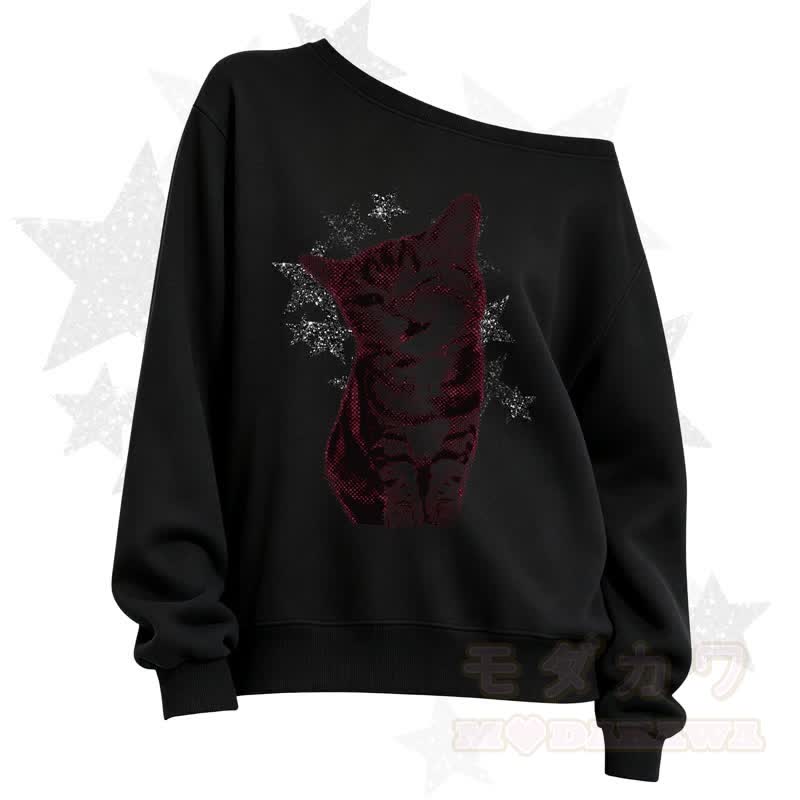 MODAKAWA Star Cat Print Slant Shoulder Sweatshirt - Black A - 3XL - image 2