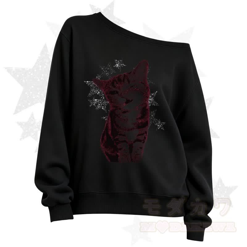 MODAKAWA Star Cat Print Slant Shoulder Sweatshirt - Black A - 3XL - image 2