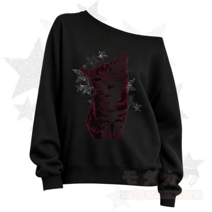 MODAKAWA Star Cat Print Slant Shoulder Sweatshirt - Black A - 3XL - image 2