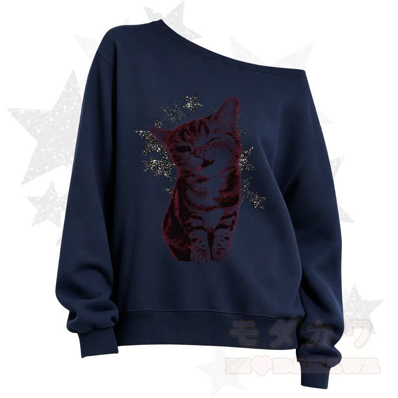 MODAKAWA Star Cat Print Slant Shoulder Sweatshirt - Navy Blue A - 3XL - image 5