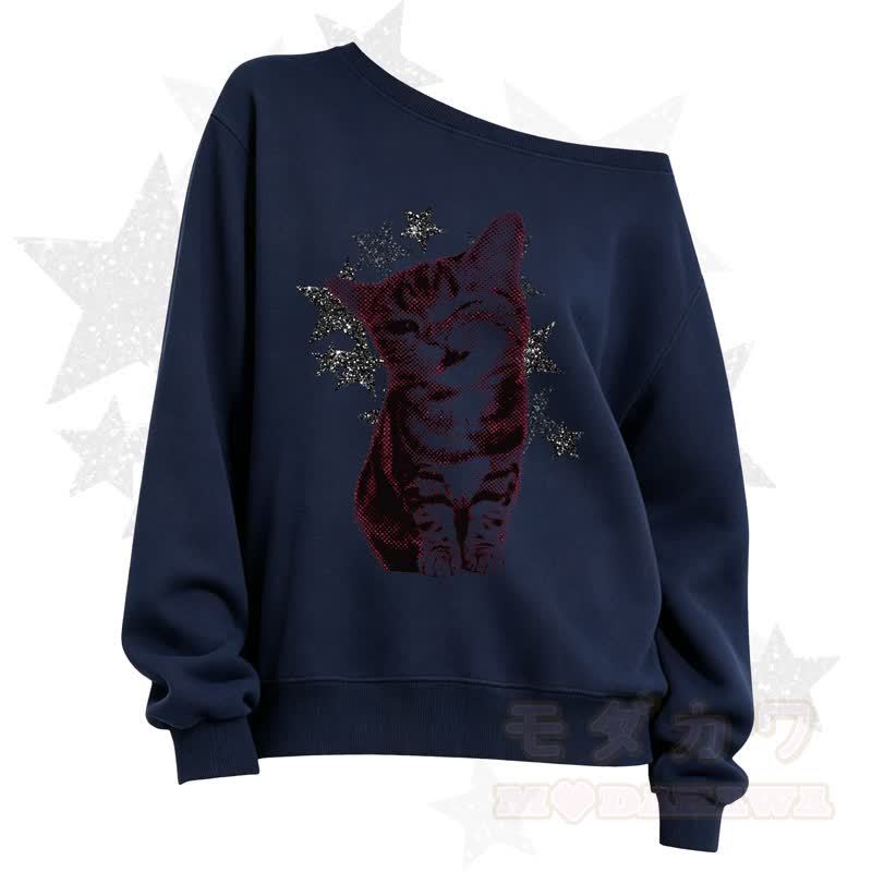 MODAKAWA Star Cat Print Slant Shoulder Sweatshirt - Navy Blue A - 3XL - image 5