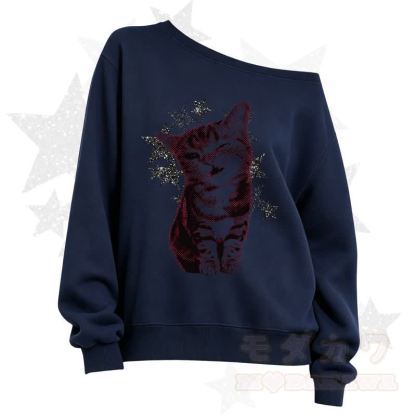 MODAKAWA Star Cat Print Slant Shoulder Sweatshirt - Navy Blue A - 3XL - image 5