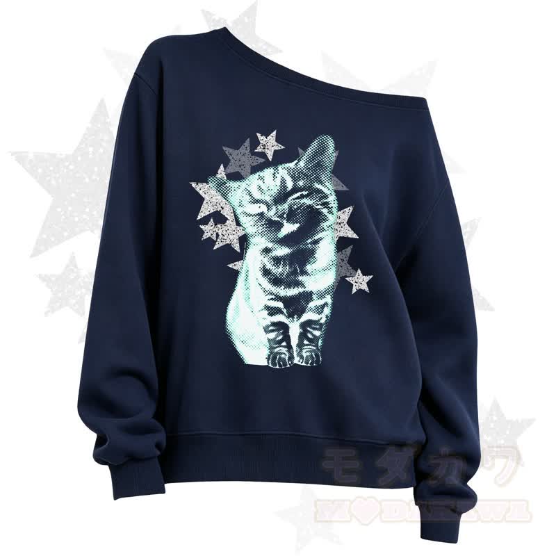 MODAKAWA Star Cat Print Slant Shoulder Sweatshirt - Navy Blue B - 3XL - image 6