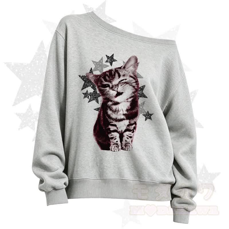 MODAKAWA Star Cat Print Slant Shoulder Sweatshirt - Grey - 3XL - image 8