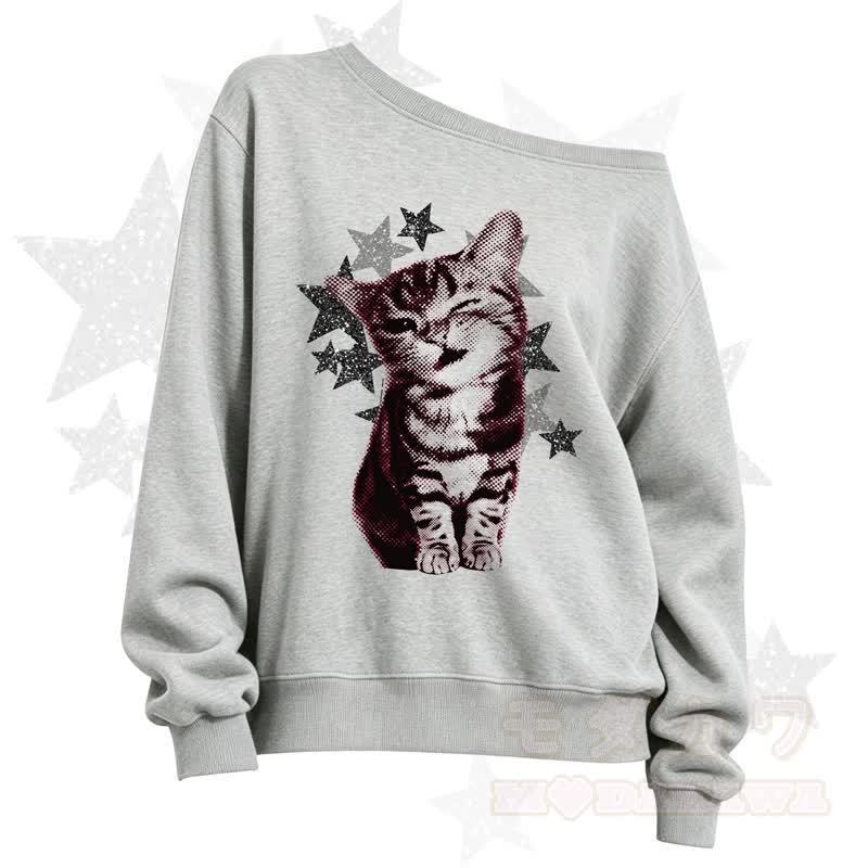 MODAKAWA Star Cat Print Slant Shoulder Sweatshirt - Grey - 3XL - image 8