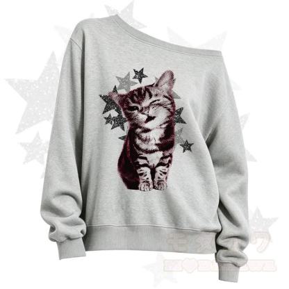 MODAKAWA Star Cat Print Slant Shoulder Sweatshirt - Grey - 3XL - image 8