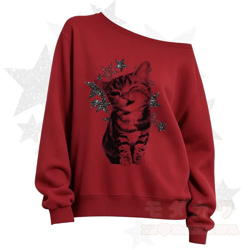 MODAKAWA Star Cat Print Slant Shoulder Sweatshirt - Red - 3XL - image 7