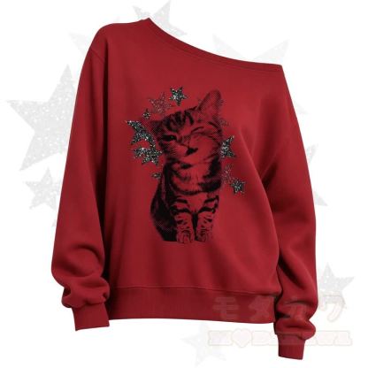MODAKAWA Star Cat Print Slant Shoulder Sweatshirt - Red - 3XL - image 7
