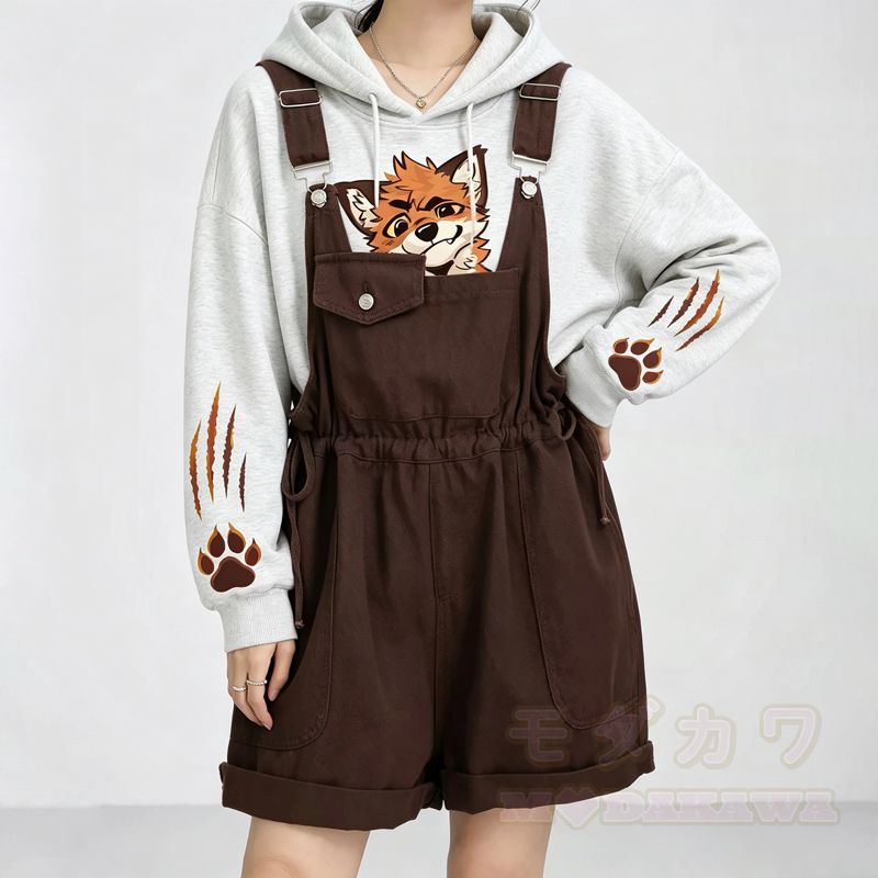 Cute Fox Print Hoodie Brown Overalls Shorts Two Pieces Set - image 1
