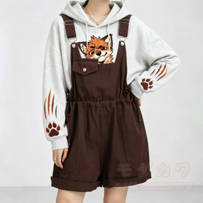Cute Fox Print Hoodie Brown Overalls Shorts Two Pieces Set - image 1