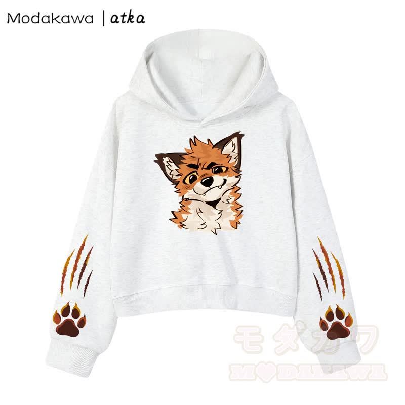 Cute Fox Print Hoodie Brown Overalls Shorts Two Pieces Set - Grey Top - 3XL - image 2