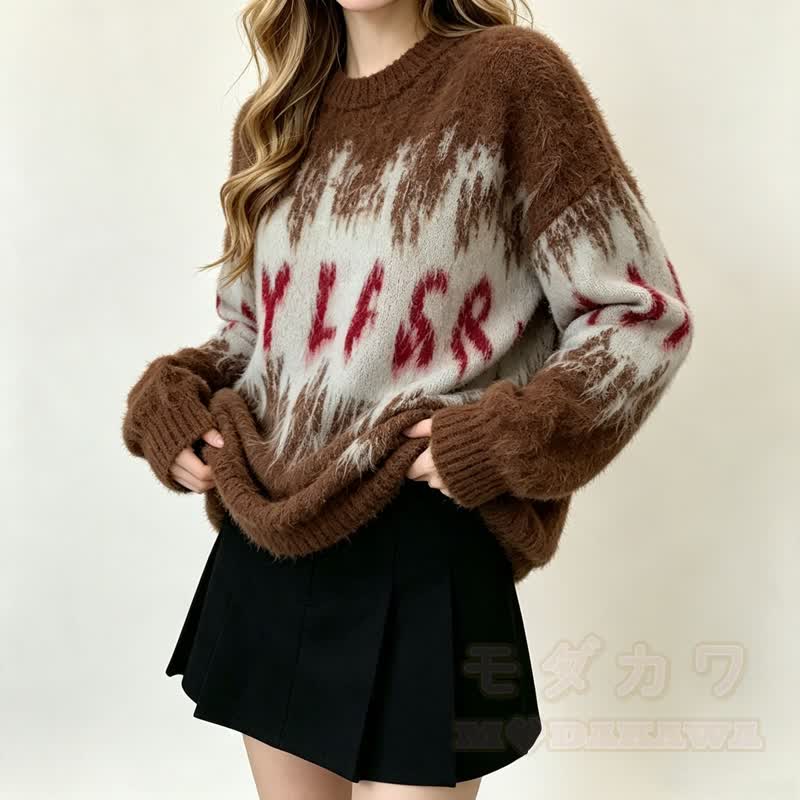 Vintage Color Block Letter Jacquard Loose Long Sleeve Knit Sweater - image 2