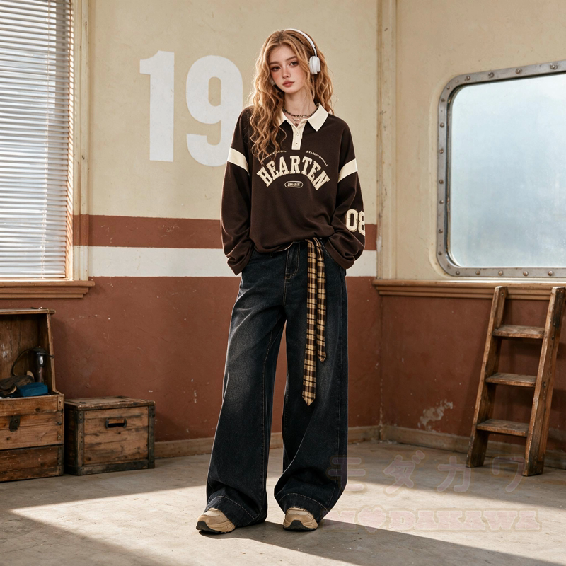 Vintage Letter Print Sweatshirt Plaid Sash Wide Leg Jeans Two Pieces Set - image 2