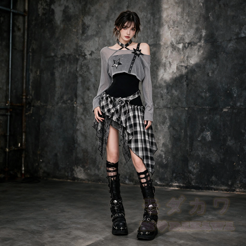 Gothic Sheer Mesh Top Plaid Dress Two Pieces Set - image 2