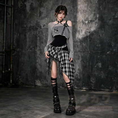 Gothic Sheer Mesh Top Plaid Dress Two Pieces Set - image 2