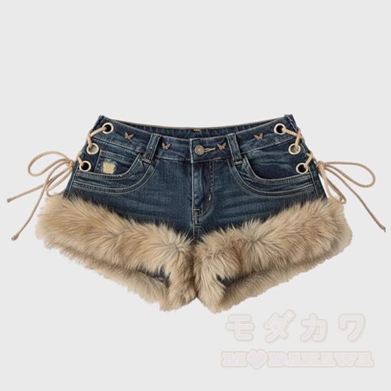 Vintage Fuzzy Fur Trim Low Rise Denim Shorts  - Blue - 2XL - image 1