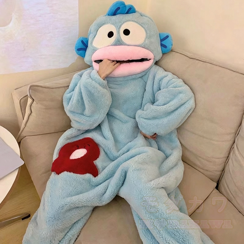 Cute Fish Fleece Hooded One‑Piece Jumpsuit Sleepwear Loungewear - Blue - 2XL - image 1