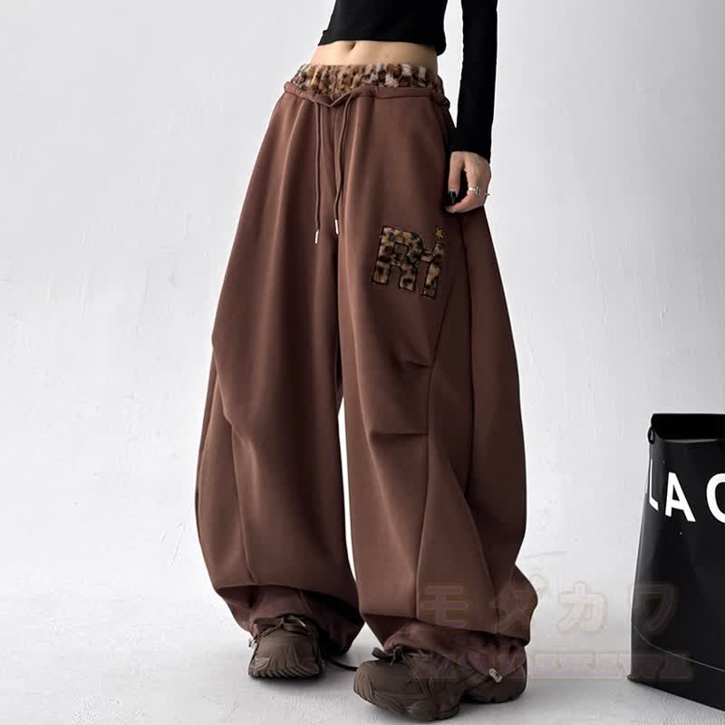 Vintage Leopard Patchwork Embroidered Wide Leg Baggy Sweatpants - image 1