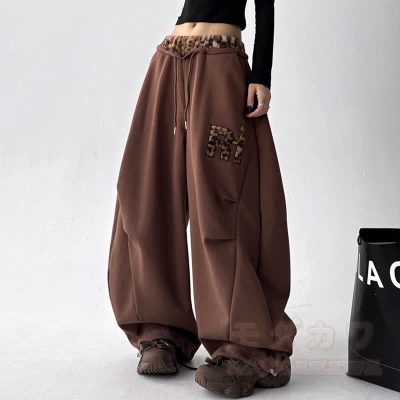 Vintage Leopard Patchwork Embroidered Wide Leg Baggy Sweatpants - image 1