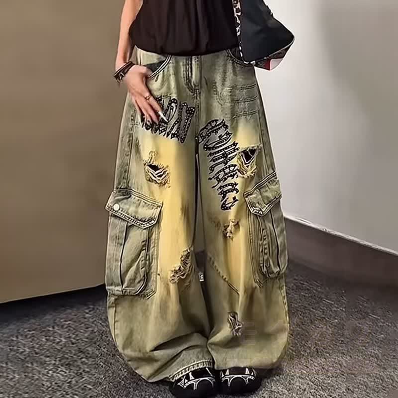 Vintage Distressed Ripped Multi‑Cargo Pocket Wide Leg Denim Jeans - Yellow - 3XL - image 1