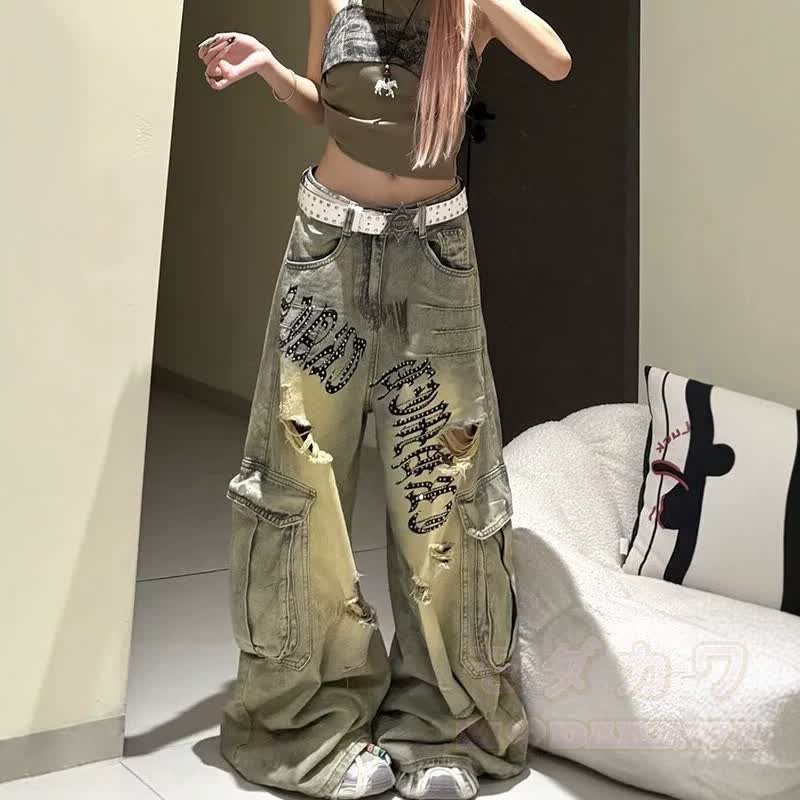 Vintage Distressed Ripped Multi‑Cargo Pocket Wide Leg Denim Jeans - image 3