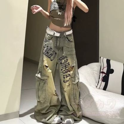 Vintage Distressed Ripped Multi‑Cargo Pocket Wide Leg Denim Jeans - image 3